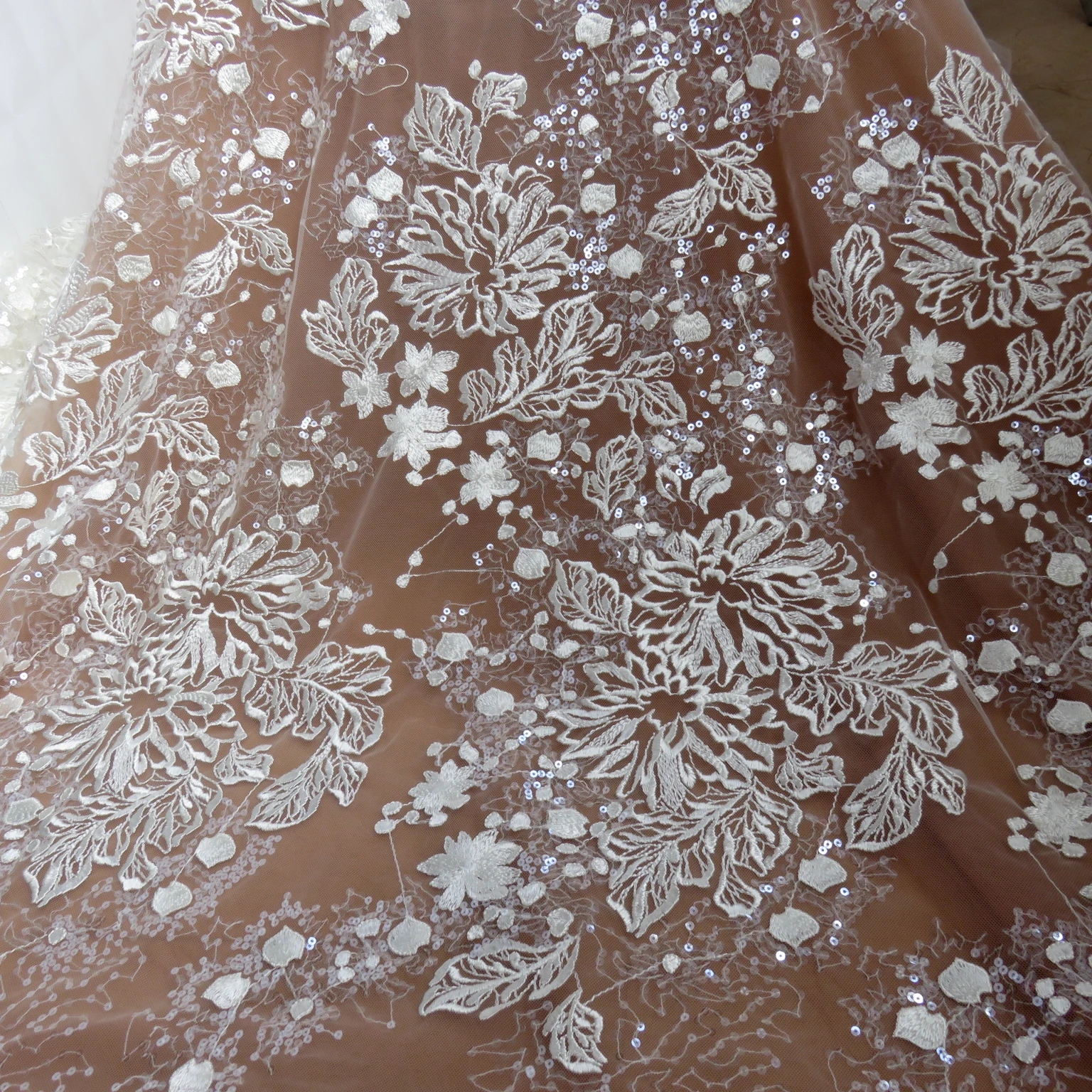 

Luxurious wedding lace fabric with sequins ivory gown dress lace fabric 130cm width sell by yard