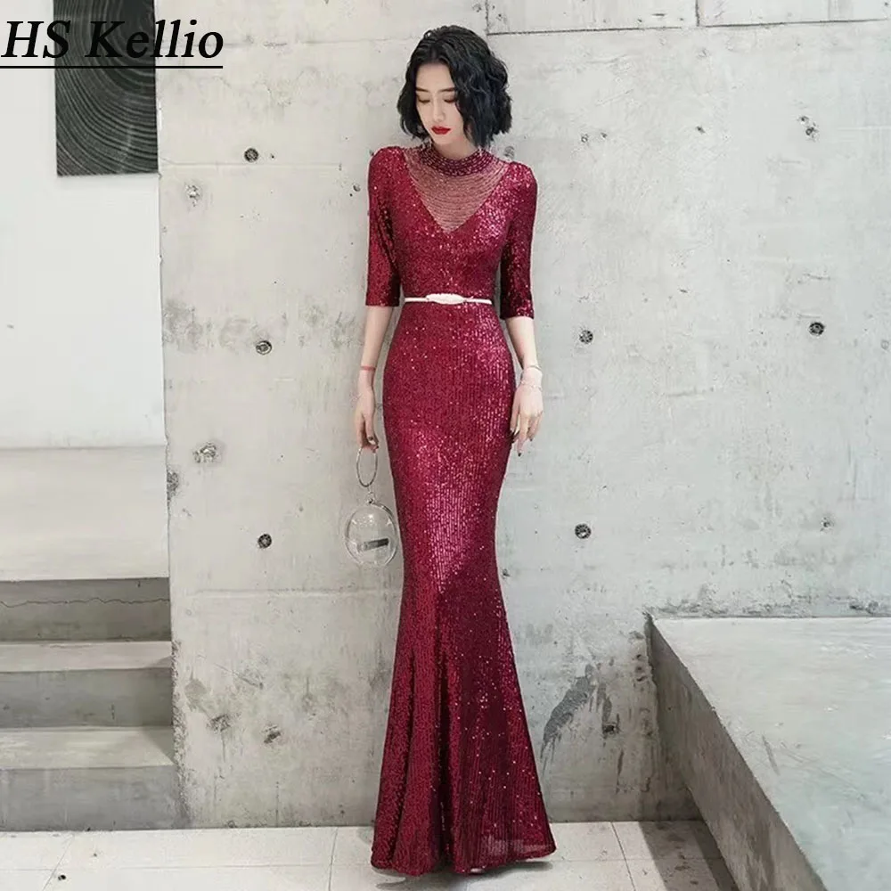 Elegant ชุดเจ้าสาว Burgundy Sequined ทรัมเป็ตแม่อย่างเป็นทางการ Gowns ชุดเจ้าสาวงานแต่งงาน