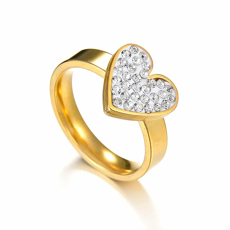 Full Crystal Love Heart Rings for Women Gold Color Wedding Engagement Bridal Jewelry CZ Propose Anniversary Gift