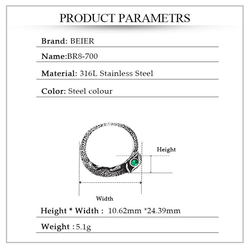 BEIER 316L stainless steel Vintage Green stone Eye Lizard Men\'s Ring Classic Animal High Quality Jewellery LLBR8-700R