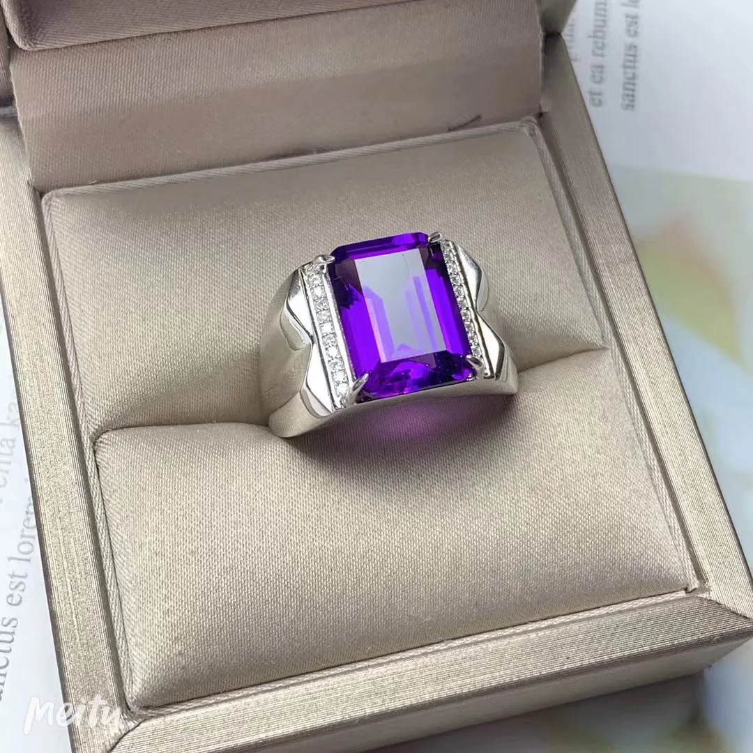 New Coming 100% Natural and real Amethyst Ring 925 sterling silver 10*14mm big gemstone Men Amethyst  Ring