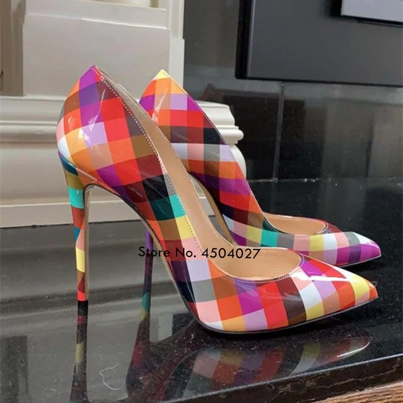 

Multicolor Checkered High-heeled Colorized Plaid 12cm 10cm 8cm Pointed Toe Stiletto Wedding Dress Shoes Slip-on Women's Pumps