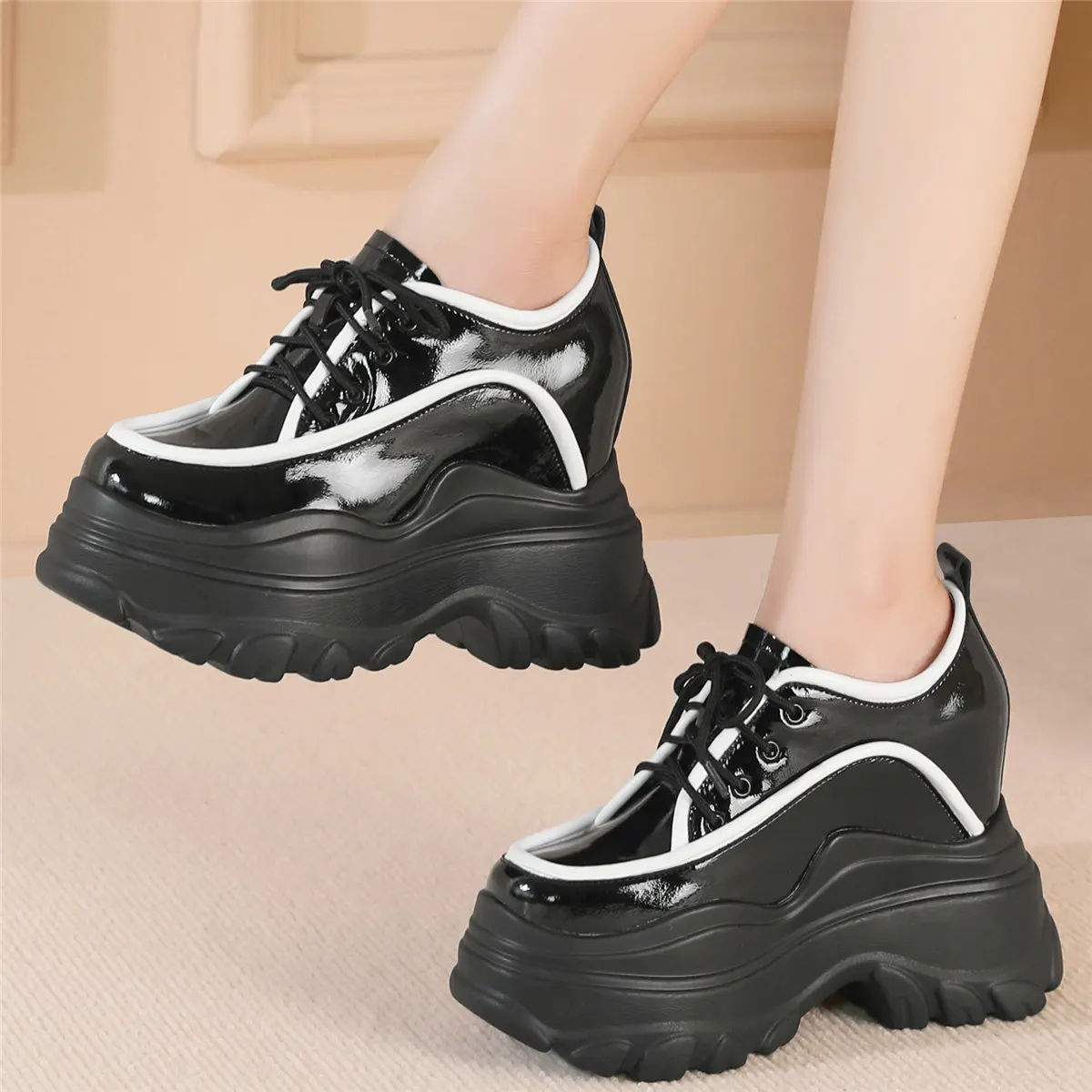 

Platform Pumps Shoes Women Lace Up Genuine Leather High Heel Ankle Boots Female Height Increasing Fashion Sneakers Casual Shoes