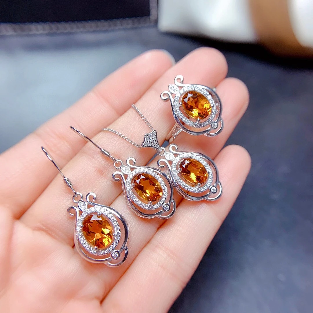 2021 new yellow citrine ring earrings necklace jewelry set women 925 sterling silver hook earrings rose golden girl  party gift