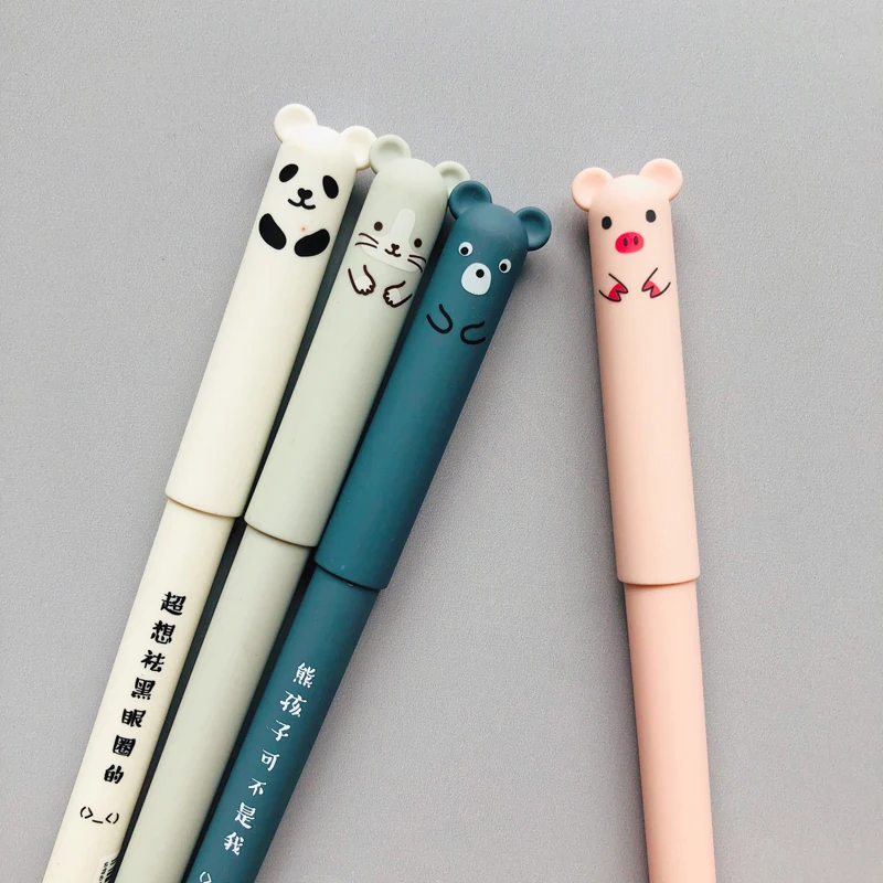 4 Pcs Kawaii Pig Panda Mouse Bear Erasable Velvet Gel Pen Student Stationery Blue