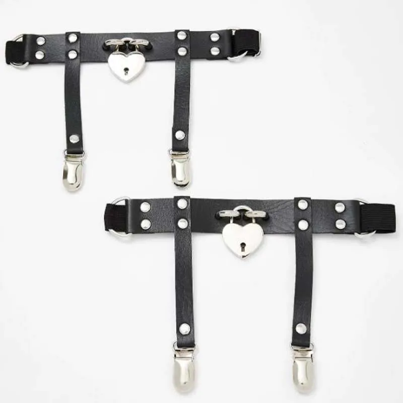 1Pair Cute Leather Garters Thigh High Legging Garter Belt Heart Locket Harajuku Suspender Metal Clips for Stockings Dancing