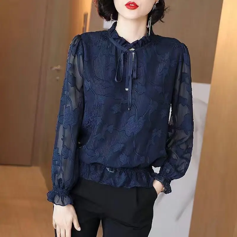 

Lace Hollow Out Ruffles Chiffon Shirt 2023 Spring Autumn New Fashion Office Lady Print Blouses Casual Loose Oversized Blouse 5XL