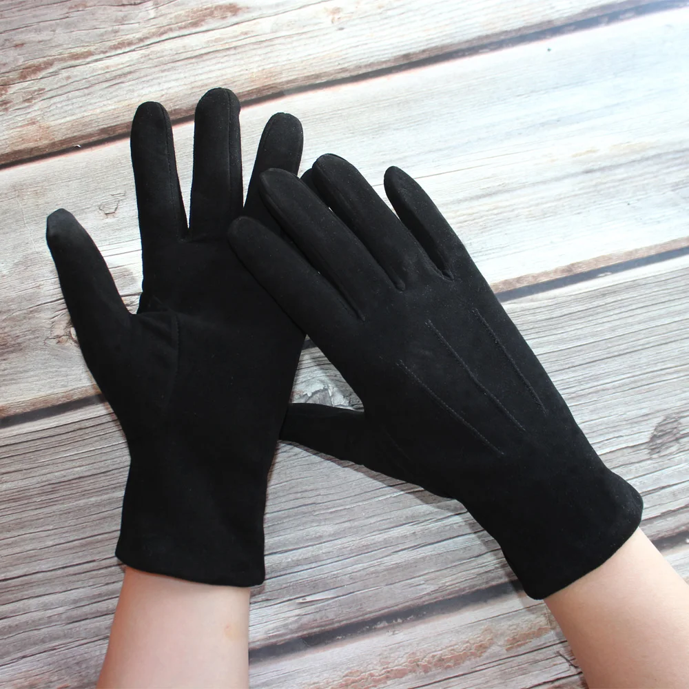 Sheepskin Suede Gloves Female Leather Black Velvet Lining Fashion Hand Repair New Autumn and Winter Warmth Outdoor Travel Points