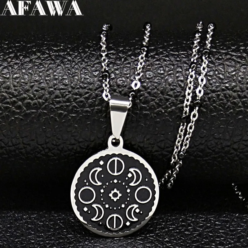 

Fashion Lunar Cycle Moon Phase Stainless Steel Black Enamel Pendant Necklace Round Galaxy Necklace For Women Men Jewelry N2057-2