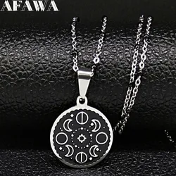 Fashion Lunar Cycle Moon Phase Stainless Steel Black Enamel Pendant Necklace Round Galaxy Necklace For Women Men Jewelry N2057-2