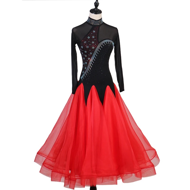 Cacare-vestido de dança valsa, vestido para competição de dança de salão, vestido padrão de dança do tango, bainha pura d0720 com manga de malha longa