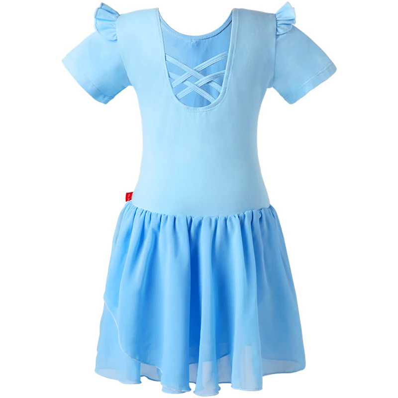 Ballet Dress for Girls Kids Dance Dress Short Sleeve Chiffon Skirted Ballet Leotard Gymnastic Costume Blue Lotus Dance Wear