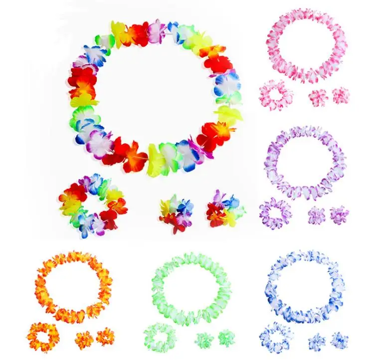 

Colorful Hawaiian Flowers Tropical Garland Necklace Bracelets Headband set 4pcs Beach Costume Party Decorations Supplies SN1053