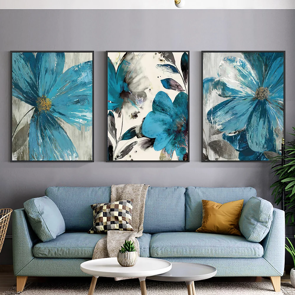 3 Panel Set Posters Abstract Blue Flowers Canvas Painting Nordic Plant Wall Art Pictures Prints For Living Room Home Decoration