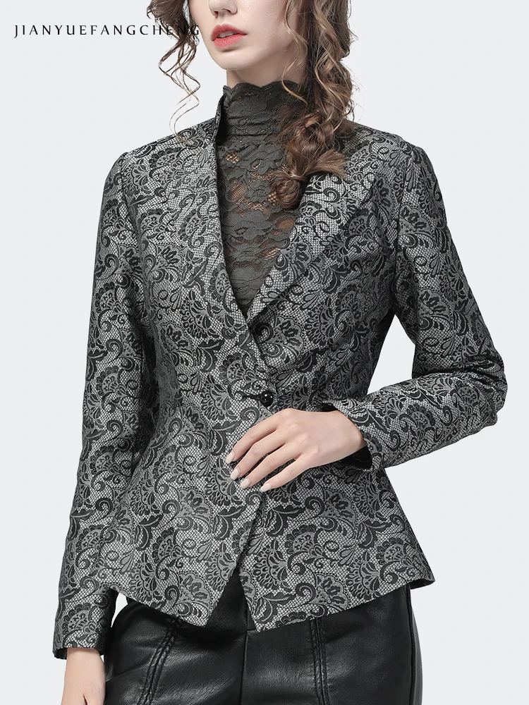 2022 Autumn New Women' Jacquard Blazer Elegant Suit Collar Long Sleeve Slimming Short Jacket Vintage Casual Office Female Coat