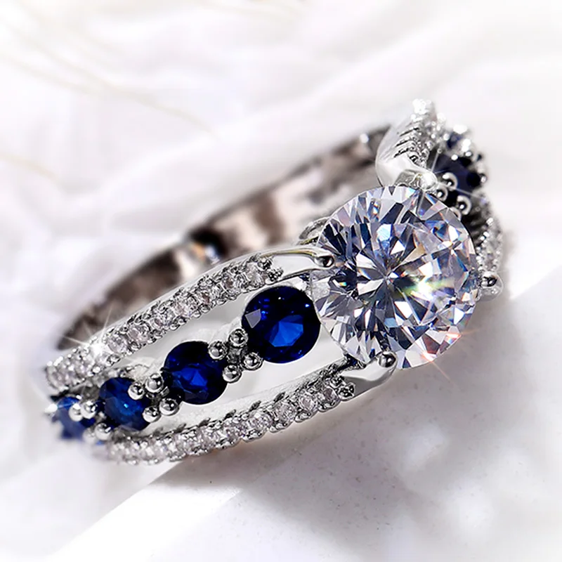 Huitan Special-interest Wedding Rings Women Blue/White Round CZ Novel Designed Female Party Ring Temperament Gift Trendy Jewelry