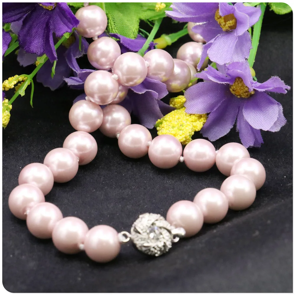 10mm Pink Round Shell Pearl Necklace Women Girls DIY Accessories Fashion Jewelry Making Design Rose Clasp Hand Mand Ornaments