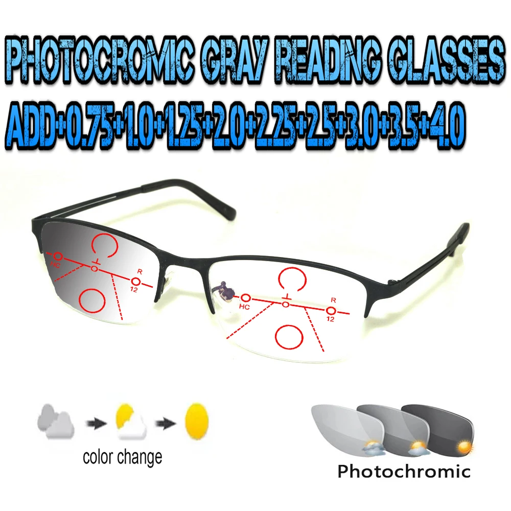 

Photochromic Gray Progressive Multifocal Reading Glasses Men Woem Ultralight Black Frame+1.0 +1.5 +1.75 +2.0 +2.5 +3 +3.5 +4