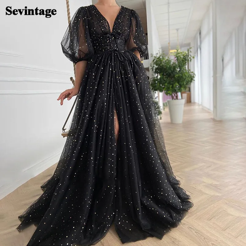 Sevintage-vestido de baile de tule estrelado, preta, metade de manga bufante, festa de casamento, plissado, trem de varredura, vestido longo, cinto