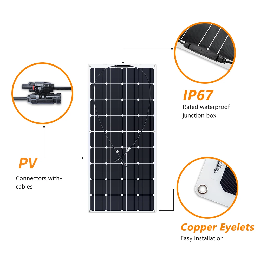 Imagem -03 - Solar Panel Painel Solar Semi Flexível Fotovoltaica Monocristalino Bateria Iate rv Carro Barco 100w 120w 200w 12v 24v Pcs