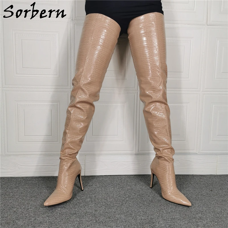 Sorbern-bottes Nude Crocodile pour femmes, bottes brevetées, à bout pointu, à talons hauts, personnalisées, larges, ajustées, cuisse longue, nouvelle collection 2020