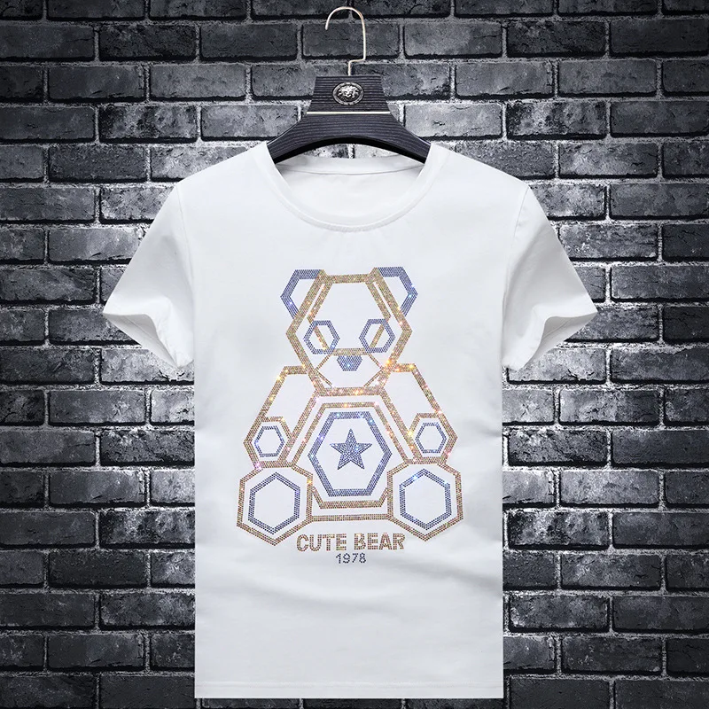 Plus Size 6XL 2024 Cute Bear Rhinestones T Shirts Men Brand Short Sleeve Fashion Man Streetwear O Neck Slim Modal Cotton Tshirts