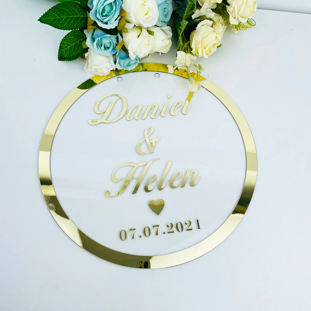 Nome di nozze personalizzato cornice rotonda specchio acrilico personalizzato Babyshower parola segno con fori regali per ospiti decorazioni per feste