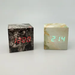 Marble Pattern Digital Wooden LED Alarm Clock Wood Retro Glow Clock Desktop Table Decor Voice Control Snooze Function Desk Tools