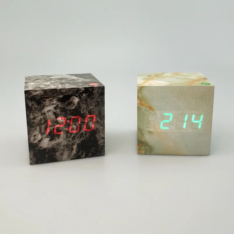 Marble Pattern Digital Wooden LED Alarm Clock Wood Retro Glow Clock Desktop Table Decor Voice Control Snooze Function Desk Tools
