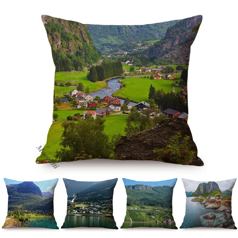 Nordic Natural Landscape Printing Pillow Case Beautiful Village Famous Scenery Photography Art Decorative Car Sofa Cushion Cover