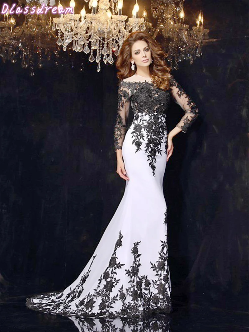 

Prom Dress Black Appliques Luxury Three Quarter Sleeves O-neck Mermaid Sweep Train Illusion Evening Dress
