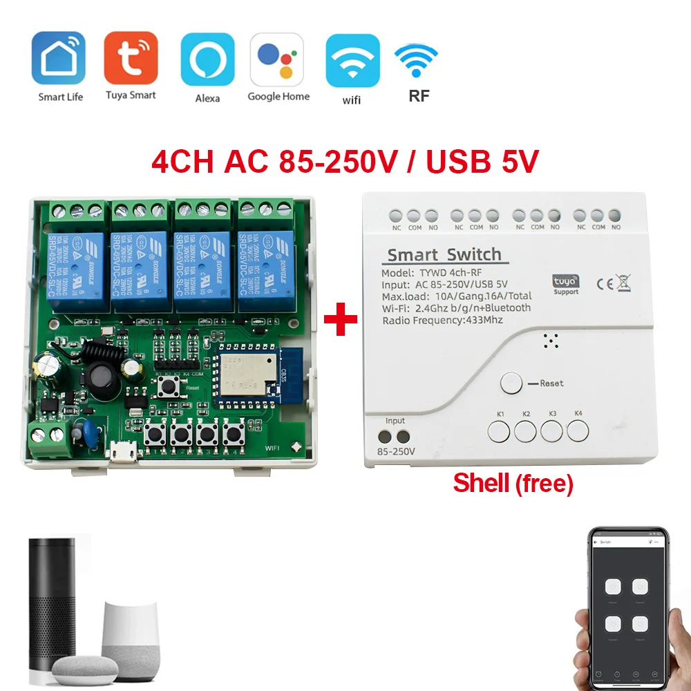 Interruptor inteligente de 4 canales RF 12V 24V 110V 220V 250V AC DC WIFI Control remoto Tuya 433 Interruptor de luz 10A Rele relé interbloqueo