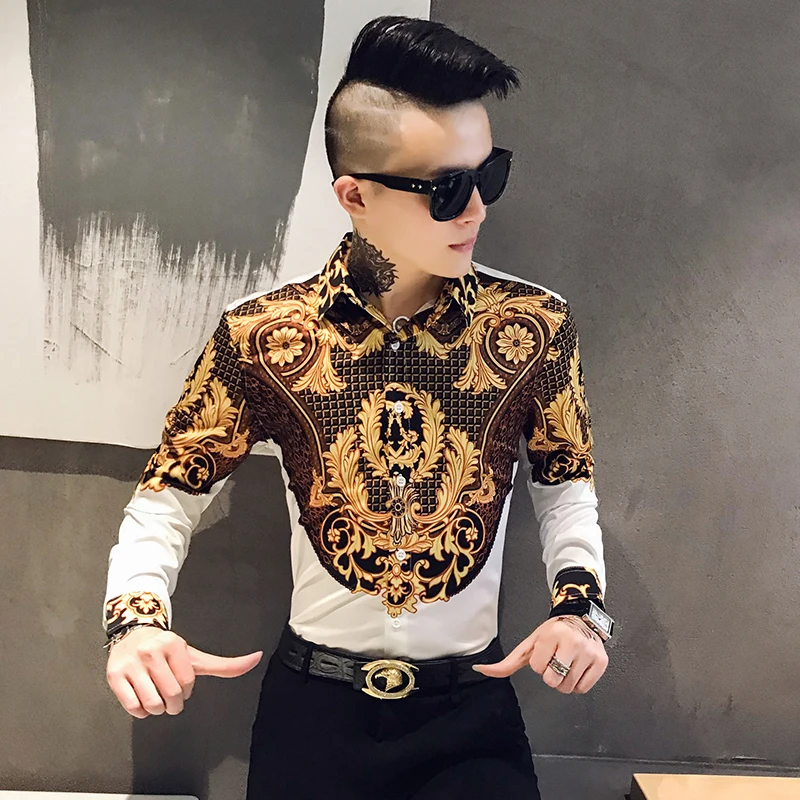 Luxe Paisley Zwart Goud Gedrukt Shirt Mannen Royal Club Kleding Koreaanse Mannen Lange Mouw Slanke Lange Mouw tuxedo Shirt