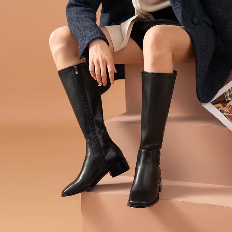 BeauToday Long Boots Women Cow Leather PU Patchwork Knee High Boots Square Toe Side Zip Winter Ladies Thick Heel Shoes 01434