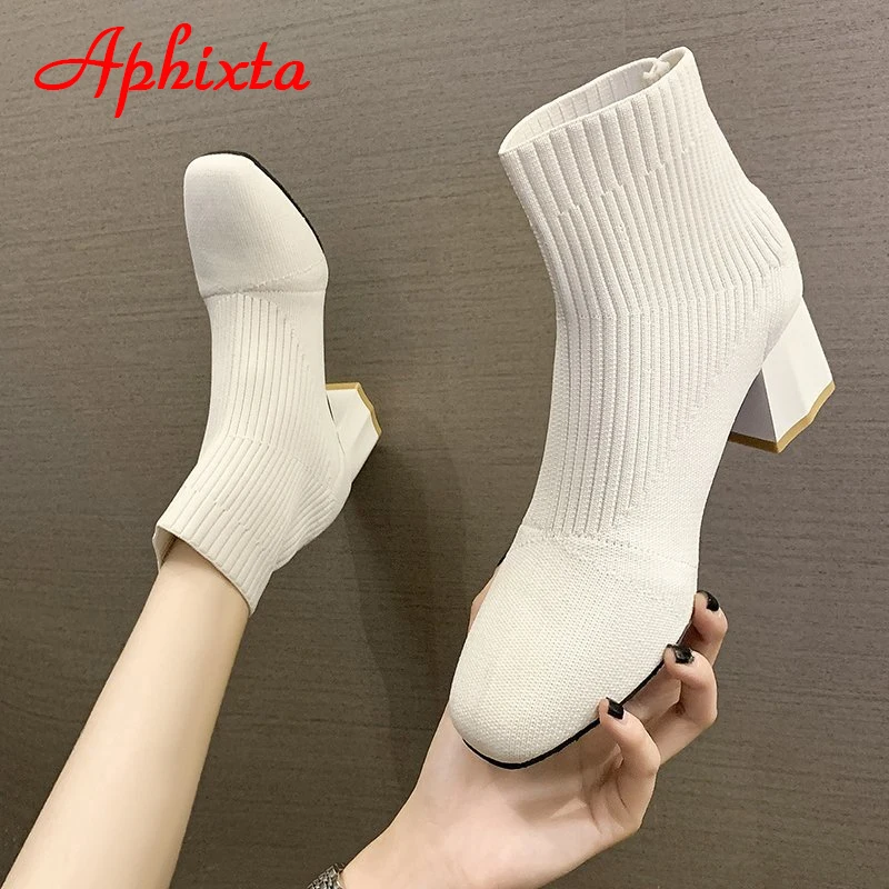 Aphixta 2022 Diamond Square Heels Socks Boots Women Beige Stretch Fabric Elastic Short Ankle Boots Shoes Woman Boats