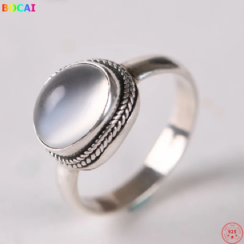 S925 Sterling Silver Charms Ring for Men Women Ear of Wheat Pattern Inlaid Moonstone Classic Punk Jewelry Wholesale