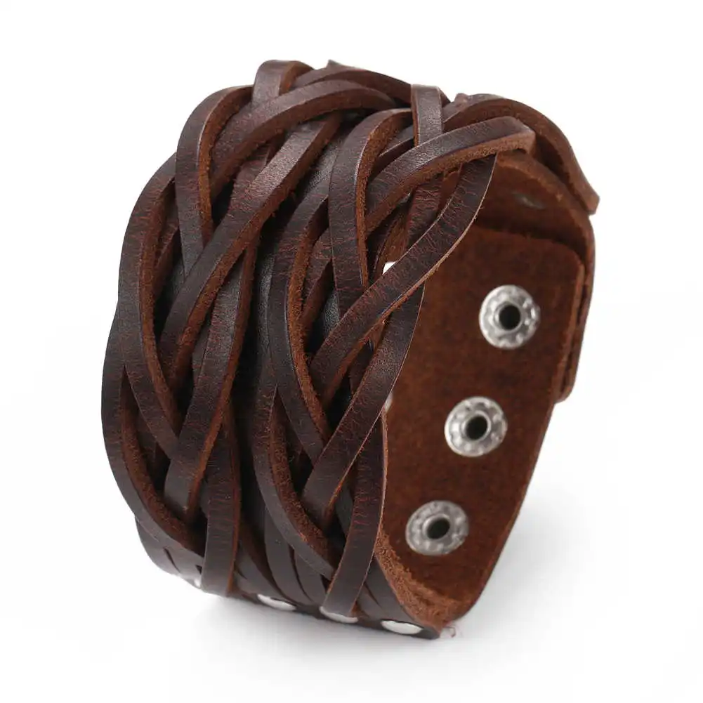 2024 Trend Jewelry Vintage Handmade Weave Genuine Leather Bracelet Charm Jewelry Cuff Wide Leather Bracelet Men Pulsera Hombre