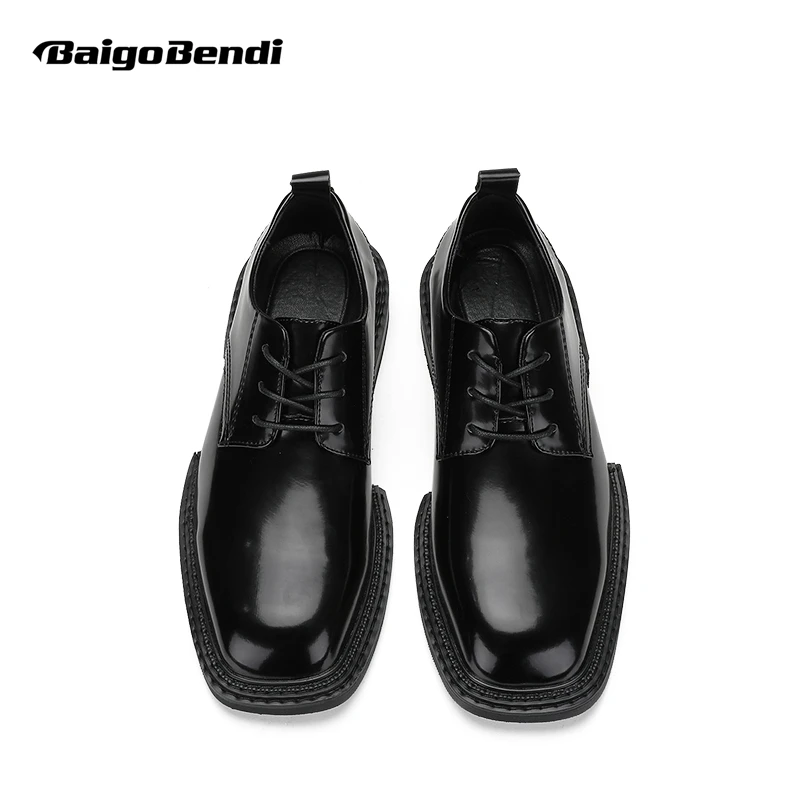 YOUNG Man Trendy Pu Lether Shoes New Design Square Toe Lace-up Cool Boy Basic Daily Oxfords