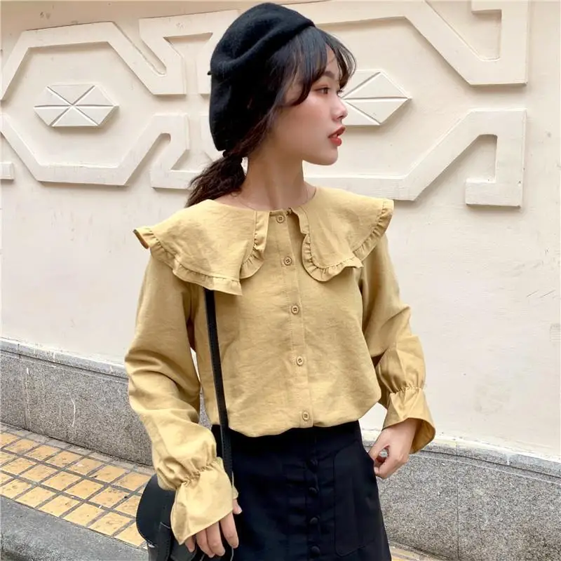 Shirts Women Peter Pan Collar Flare Sleeve Solid Minimalist Ladies Clothing Student Lovely Fashion Casual Loose Korean Style New