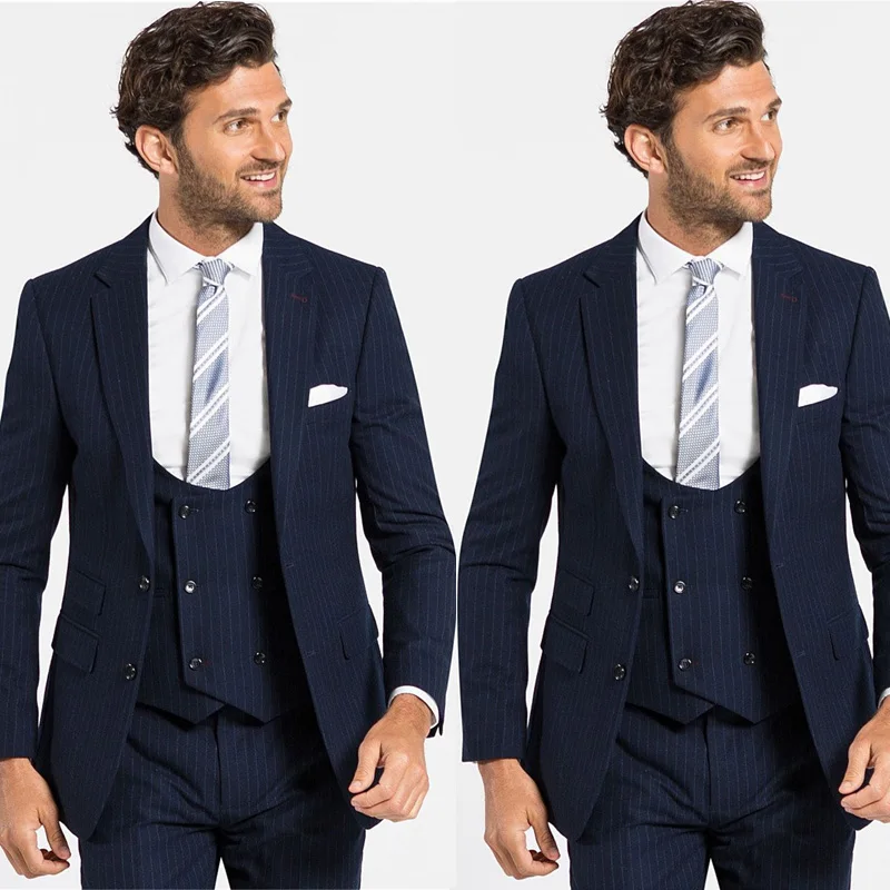 

Plus Size Navy Pinstripe Wedding Tuxedos Double Breasted Peaked Lapel Groom Wear Party Prom Best Men Blazer Suit(Jacket+Vest+Pan