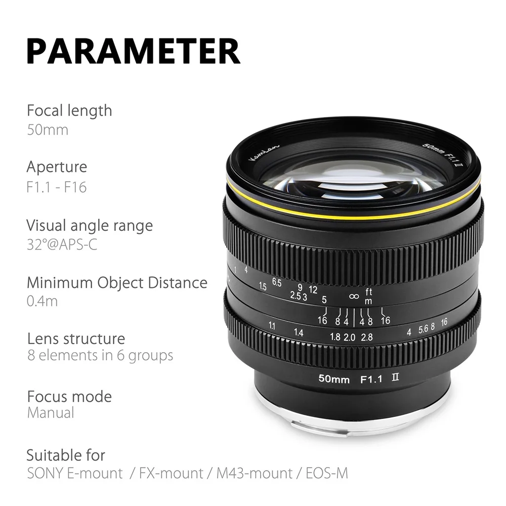 KamLan 50mm f1.1 II APS-C Large Aperture Manual Focus Lens for Mirrorless Cameras Camera Lens for Canon Sony Fuji