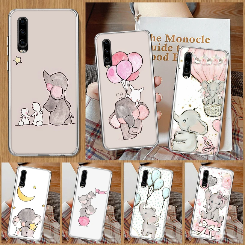 Cartoon Elephant Pink Phone Case For Huawei P30 P20 P10 P40 P50 Mate 40 30 20 10 Pro Lite + Soft Cover House Coque Fundas