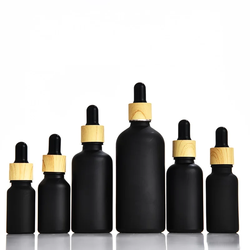 

10Pcs Glass Dropper Bottle Matte Black Wooden Pattern Lid Makeup Serum 5ML~100ML Packing Refillable Essential Oil Dropper Bottle