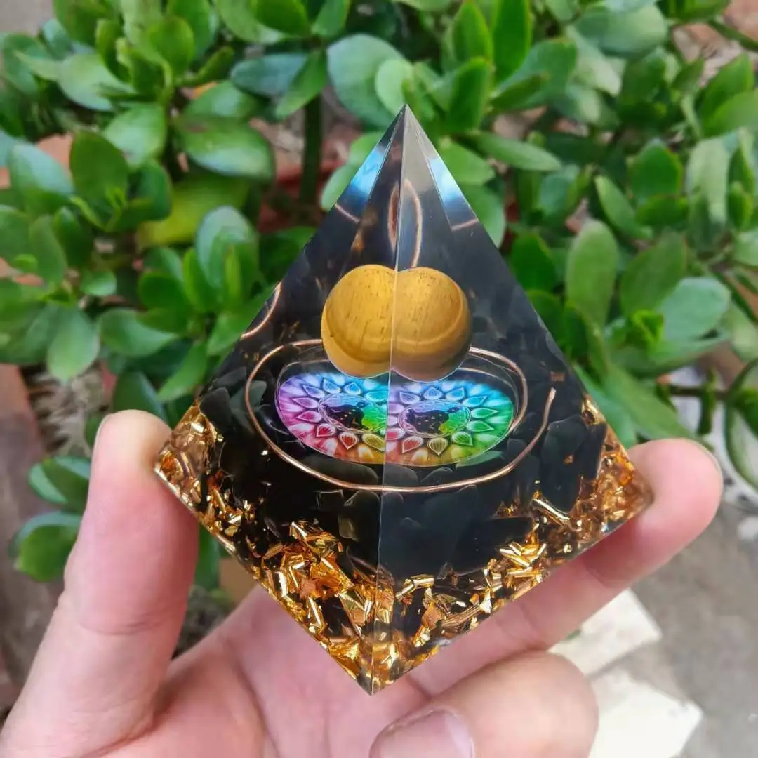 Handmade Tiger Eye Crystal Sphere Orgone Pyramid 60mm Chakra Obsidian Reiki Energy Healing Orgonite