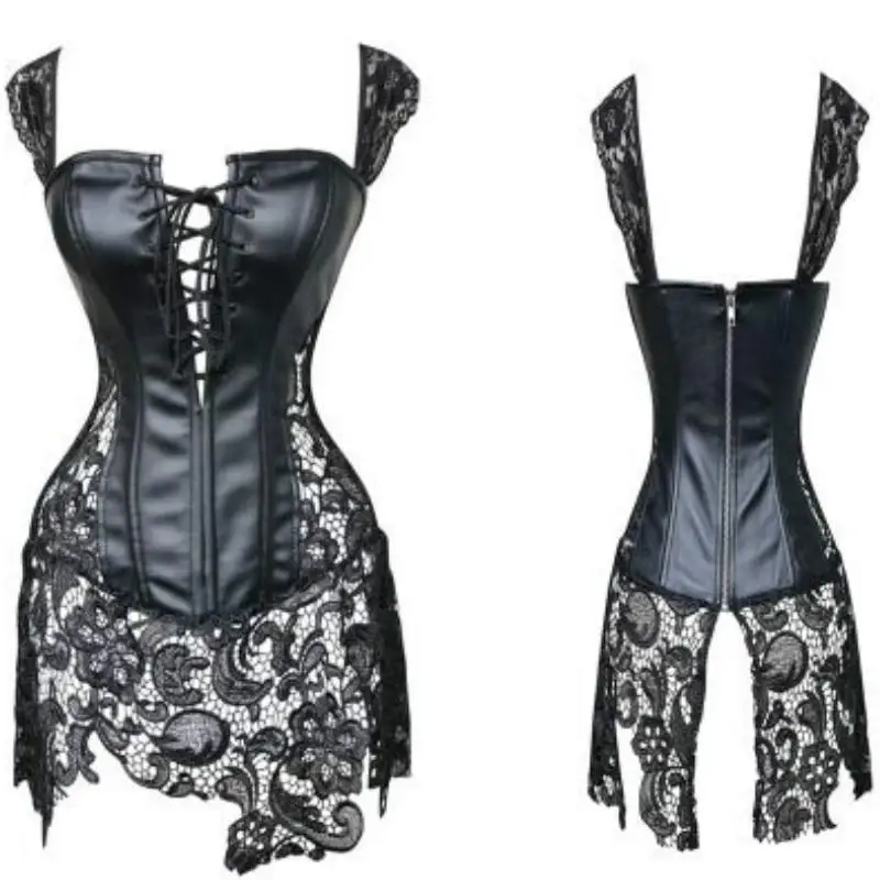 

Sexy Leather Corsets Skirt Lace-up Hollow Out Corsele Black Faux Leather Lace Shaper Bustier Steampunk Corset Dress