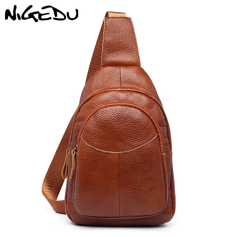 NIGEDU Vintage Genuine Leather Chest Bag Women Single Shoulder Strap Back Bags Travel Women Crossbody Bags Waist Belt Bag