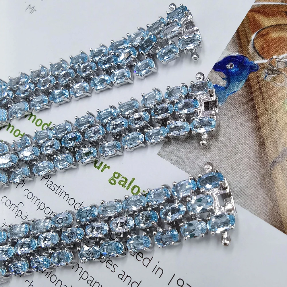 Luomansi 92 Natural Blue Topaz Three Row Bracelet 17 19CM 100%-S925 Sterling Silver Jewelry Anniversary Party Gift