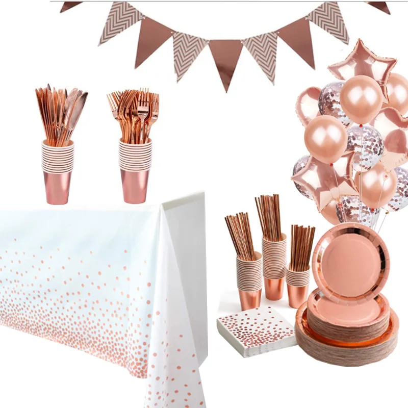 

Rose Gold Party Disposable Tableware Set Paper Cups Plates Straws Cake Stand Table Decoration Wedding Birthday Party Supplies