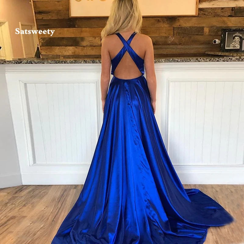 Vestidos de Noche largos con cuello en V, satén elástico Azul Real, entrecruzado en la espalda, vestido Formal de fiesta, novedad de 2022