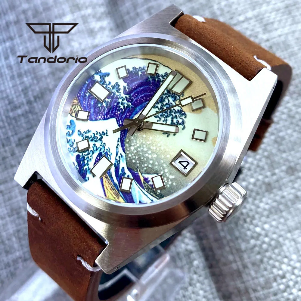 Tandorio 38mm 24 Jewels NH35A Automatic Men Watch Luminous Kagawana Dial Sapphire Glass 20Bar Brushed Case Leather/Rubber Strap